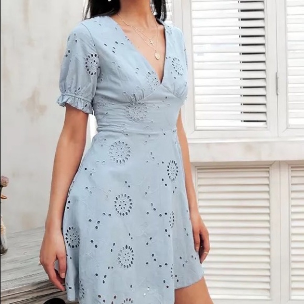 Light Blue Short-Sleeve Embroidered Sundress - Picture 2 of 4